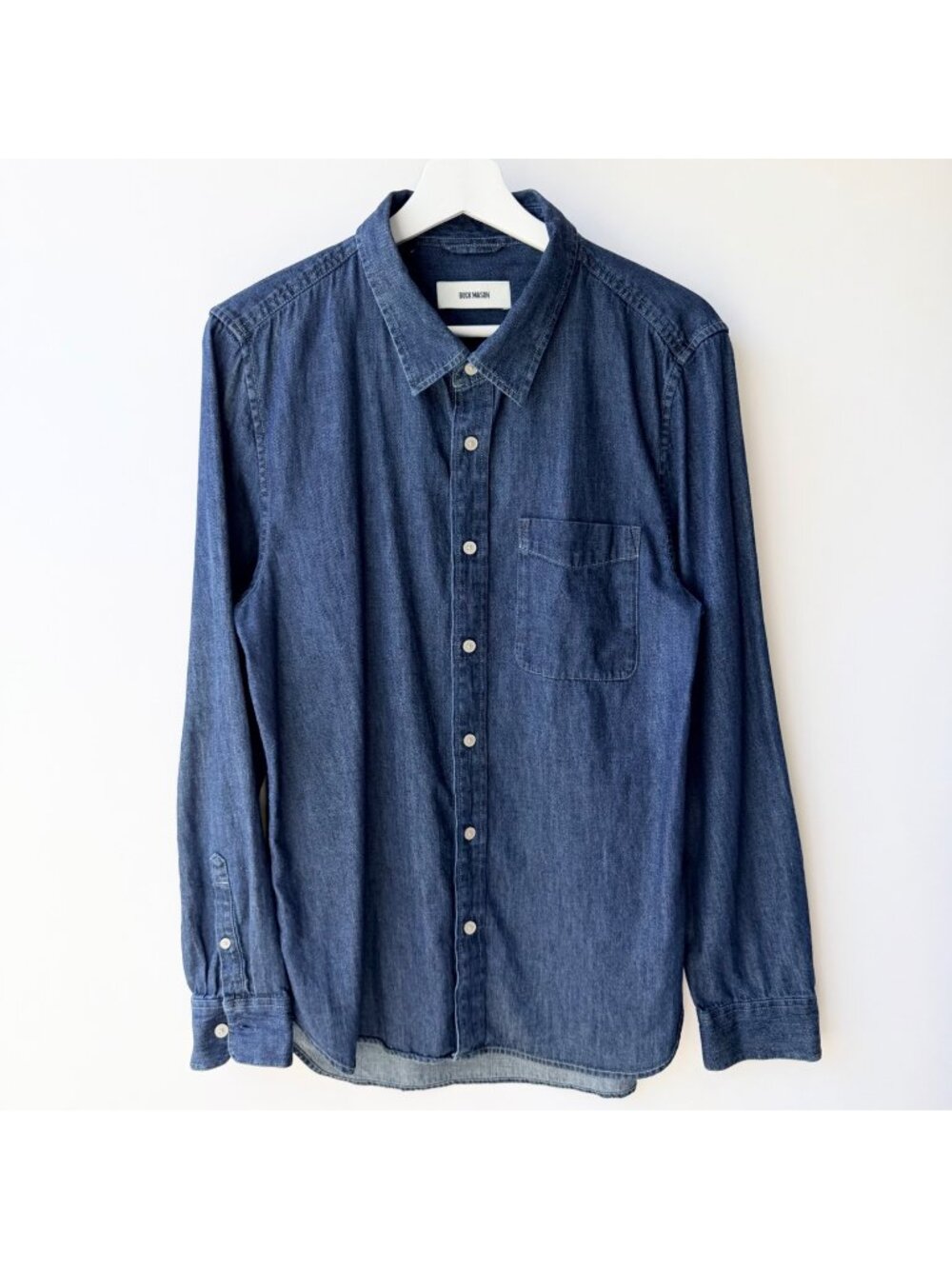 Buck Mason Men’s Denim Chambray Long Sleeve Button Up Shirt Blue Pocket *
